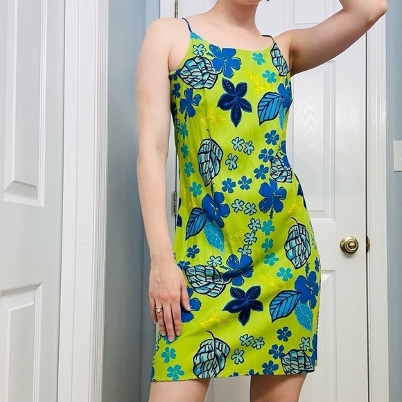 Vintage Dress Mini Summer Floral Green Y2K Casual Beach Shift Dopamine 0 Small - Picture 6 of 6